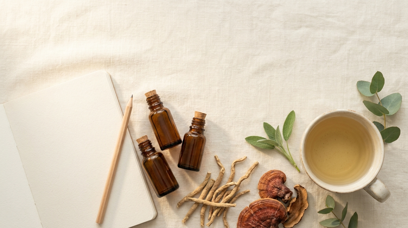 Overhead flat-lay of a blank notepad, a wooden pencil, three amber herbal supplement bottles, dried ashwagandha root, reishi mushroom slices and a cup of herbal tea on cream linen