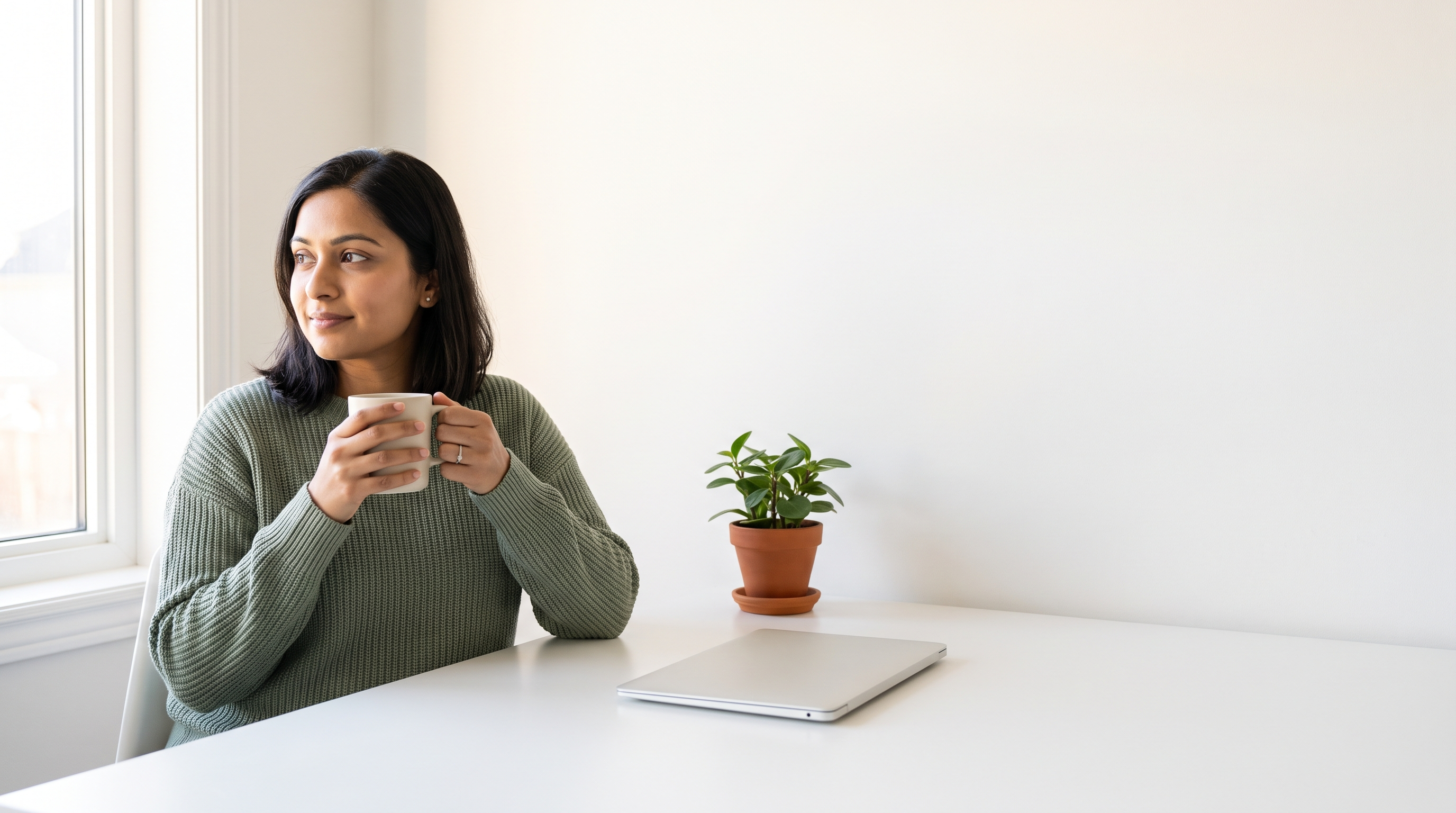 A calm woman at a bright minimalist desk holding a warm mug of herbal tea beside a small plant and a closed laptop
