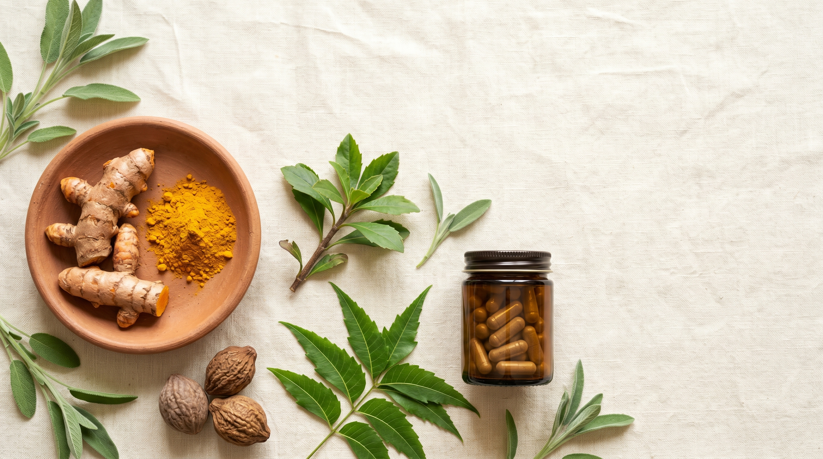 Flat-lay of liver-supporting Ayurvedic herbs on cream linen: turmeric root and powder in a clay dish, dried triphala fruits, fresh neem leaves, and a plain amber jar of capsules.