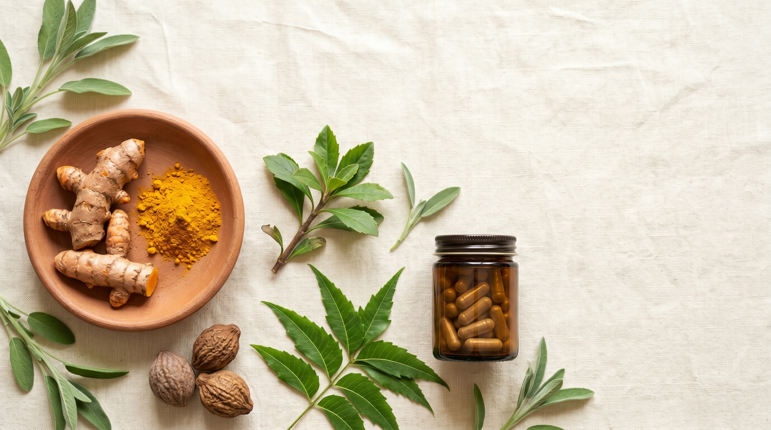 Flat-lay of liver-supporting Ayurvedic herbs on cream linen: turmeric root and powder in a clay dish, dried triphala fruits, fresh neem leaves, and a plain amber jar of capsules.
