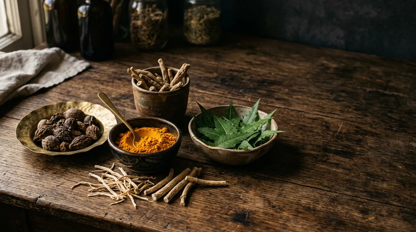 Warm still-life of dried ashwagandha root, golden turmeric powder, dark triphala fruit and green neem leaves on a dark wood table