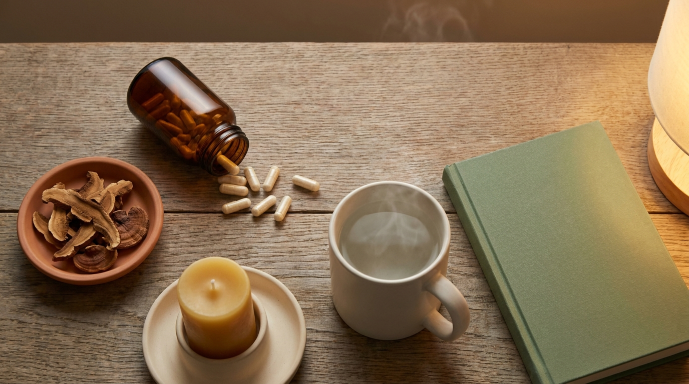 An overhead flat-lay on raw oak: an unmarked amber capsule bottle with cream capsules spilled, a terracotta dish of dried reishi slices, a beeswax candle, a white mug of warm water, and a sage cloth book under warm tungsten light.