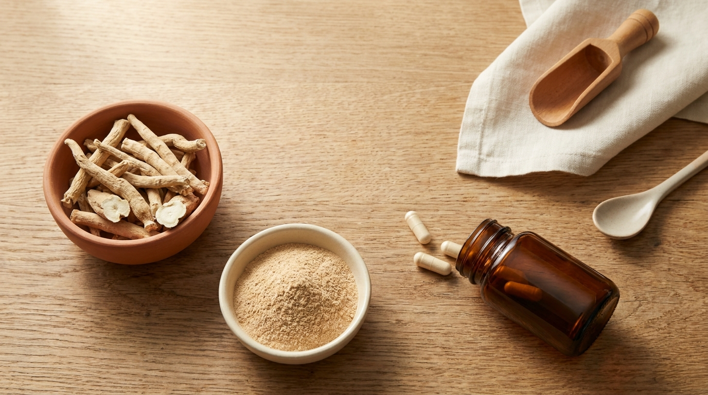 Editorial overhead flat-lay of dried Ashwagandha roots in a terracotta bowl, milled Ashwagandha powder in a ceramic bowl, and an unmarked amber glass capsule bottle on a warm oak counter.