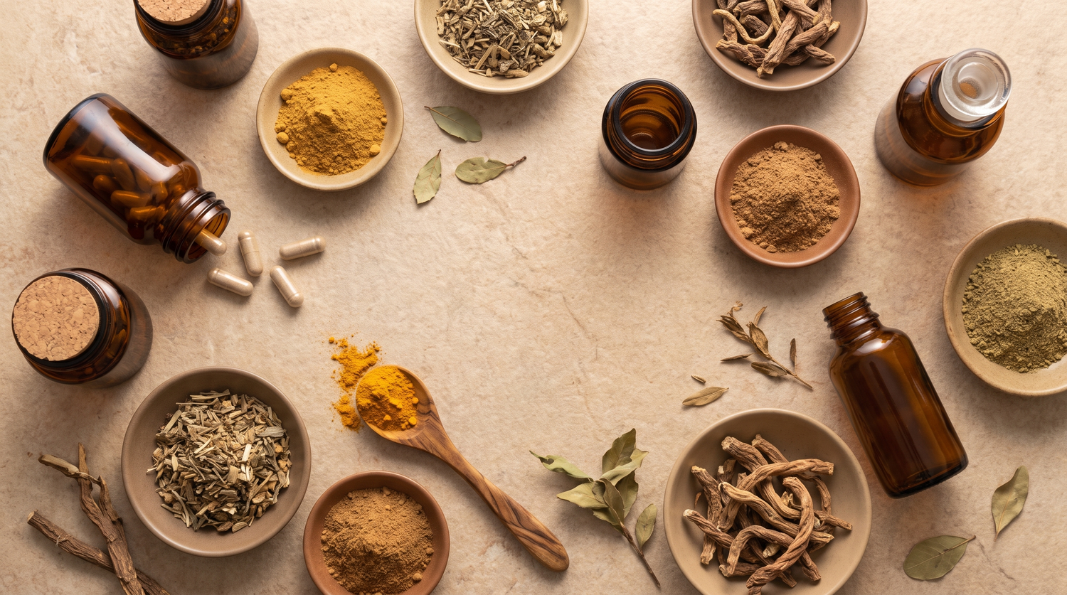 An overhead flat-lay of unlabeled amber supplement bottles, capsules, dried Ayurvedic roots, and herbal powders in ceramic dishes on a warm stone surface
