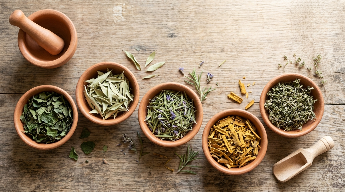 Top-down flat-lay of five plain terracotta bowls holding different dried Sri Lankan herbs (Maila Kola, Yaki Narang, Katupila, Venivel, Heenbovitiya) arranged on a weathered oak counter with a mortar and pestle and a wooden scoop.