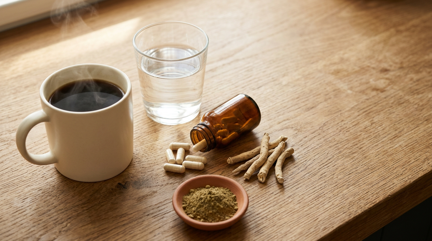 A morning ritual flat-lay on a wooden counter: a plain ceramic mug of black coffee, a glass of water, an unlabeled amber bottle with spilled capsules, and dried ashwagandha roots in soft morning light.