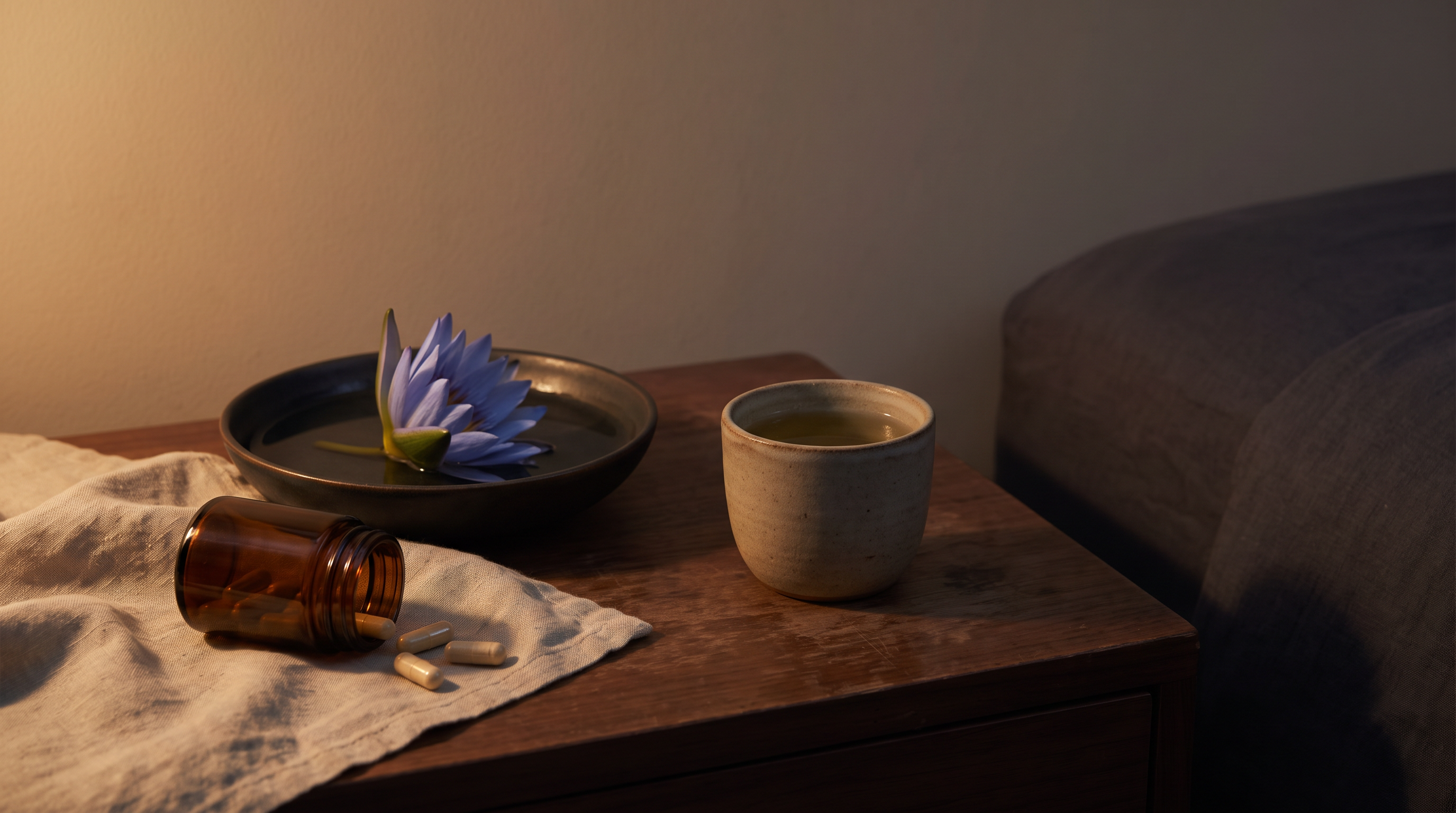 A bedside table at night lit by a single warm lamp, with a blue water lily floating in a shallow ceramic bowl, a plain amber jar of capsules on folded linen, and a stoneware cup of herbal infusion.