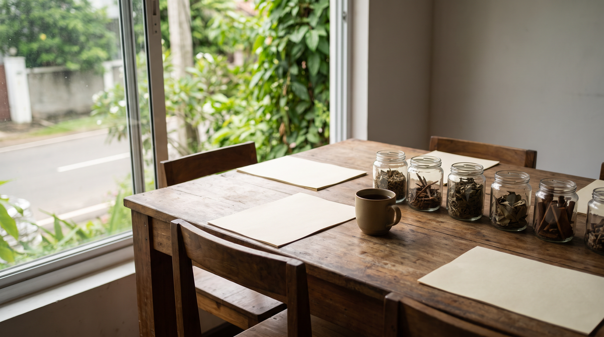 A shared wooden worktable by a sunlit window with blank paper, a plain cup of tea and small glass jars of dried herbs