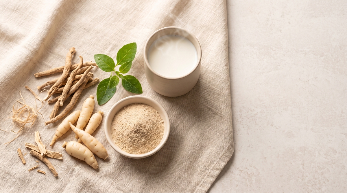 Dried ashwagandha roots and pale shatavari root tubers beside a bowl of herbal powder and a cup of warm milk on linen