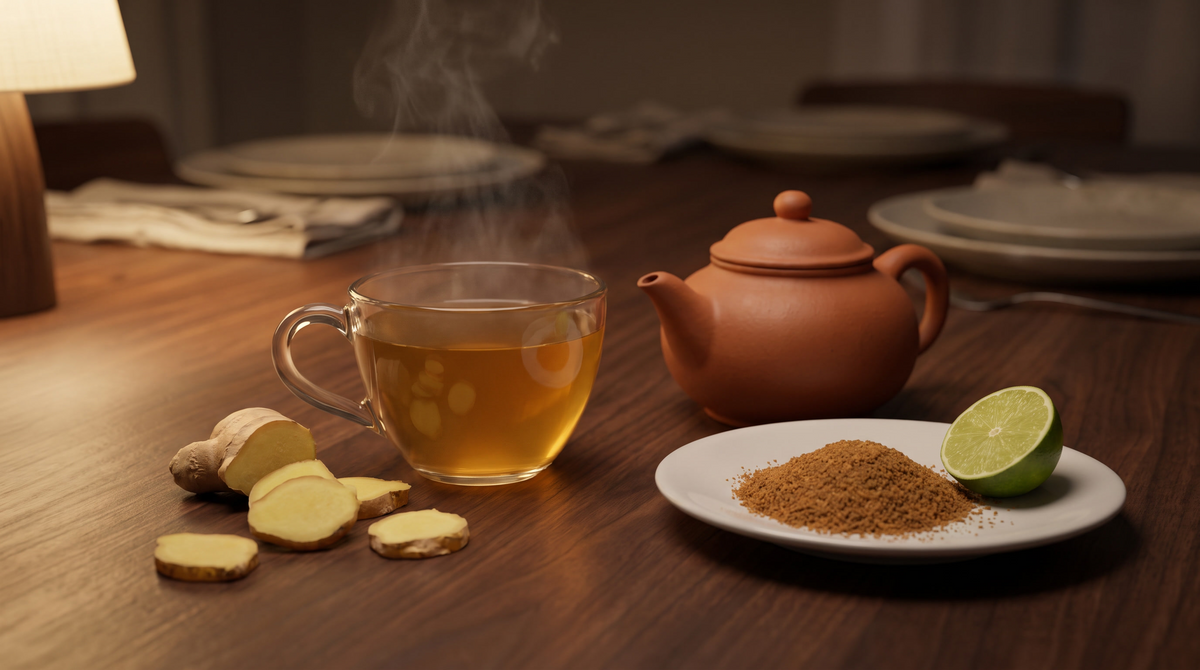 A glass cup of freshly brewed ginger tea beside sliced fresh ginger, a clay pot, coconut sugar and lime on a dark wooden table after dinner