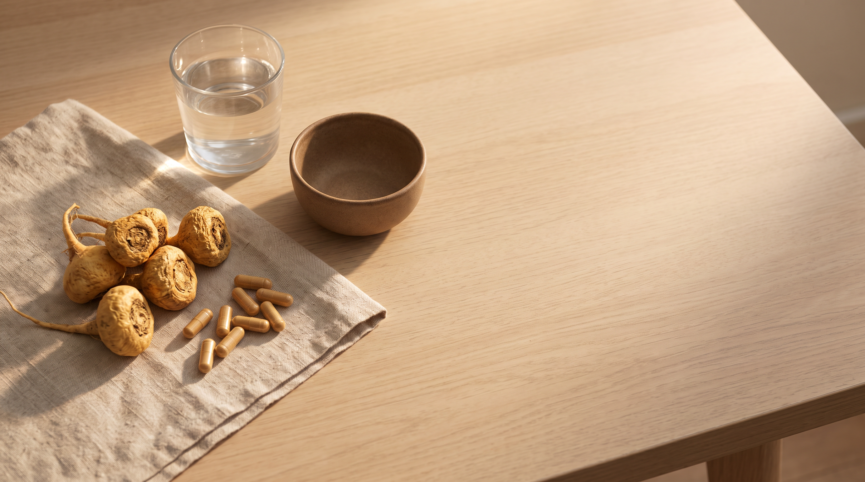 Dried maca roots and plain amber capsules on a linen cloth beside a glass of water in warm afternoon light