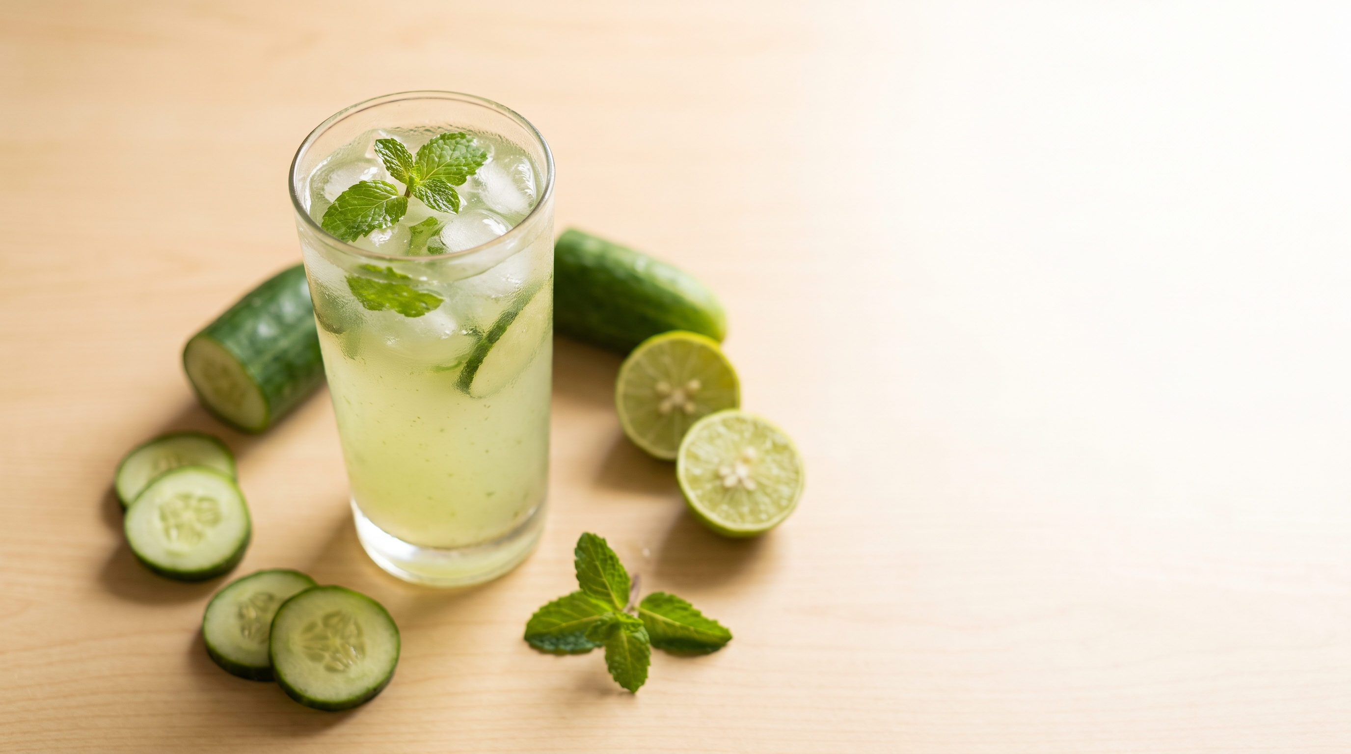 A tall glass of pale green aloe vera and cucumber cooler with ice and mint, surrounded by sliced cucumber and lime halves on a light wooden kitchen counter.