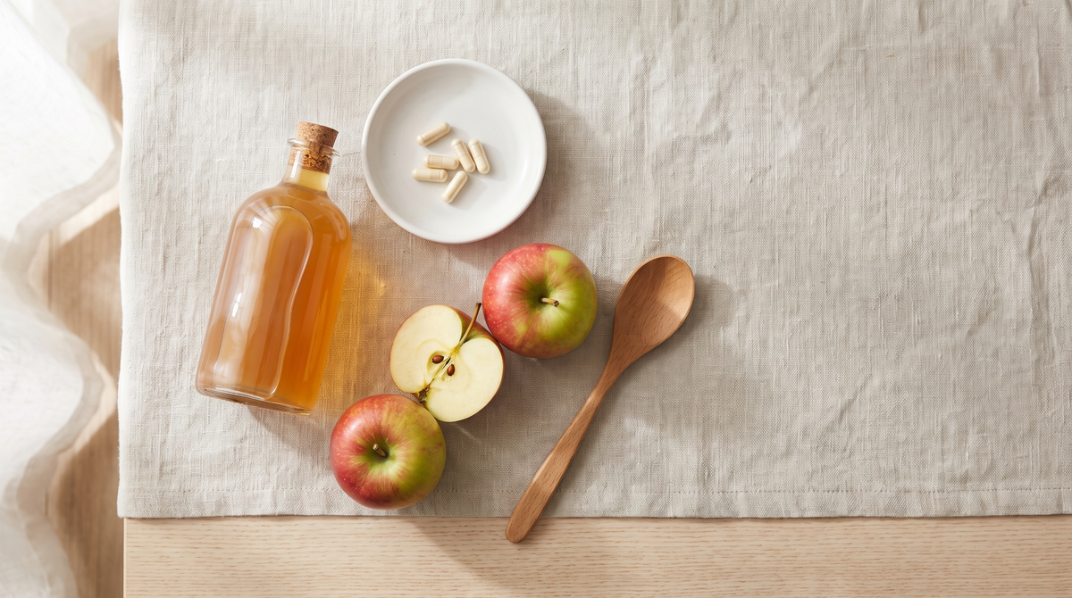 Overhead view of an unlabeled bottle of apple cider vinegar, fresh apples, a small dish of capsules and a wooden spoon on a linen cloth