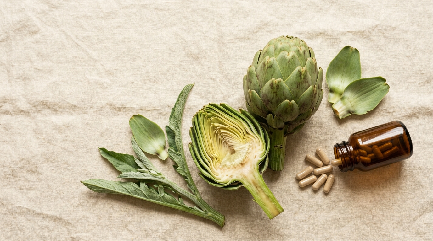 Fresh whole and halved globe artichokes with green leaves beside a plain amber bottle of beige capsules on cream linen