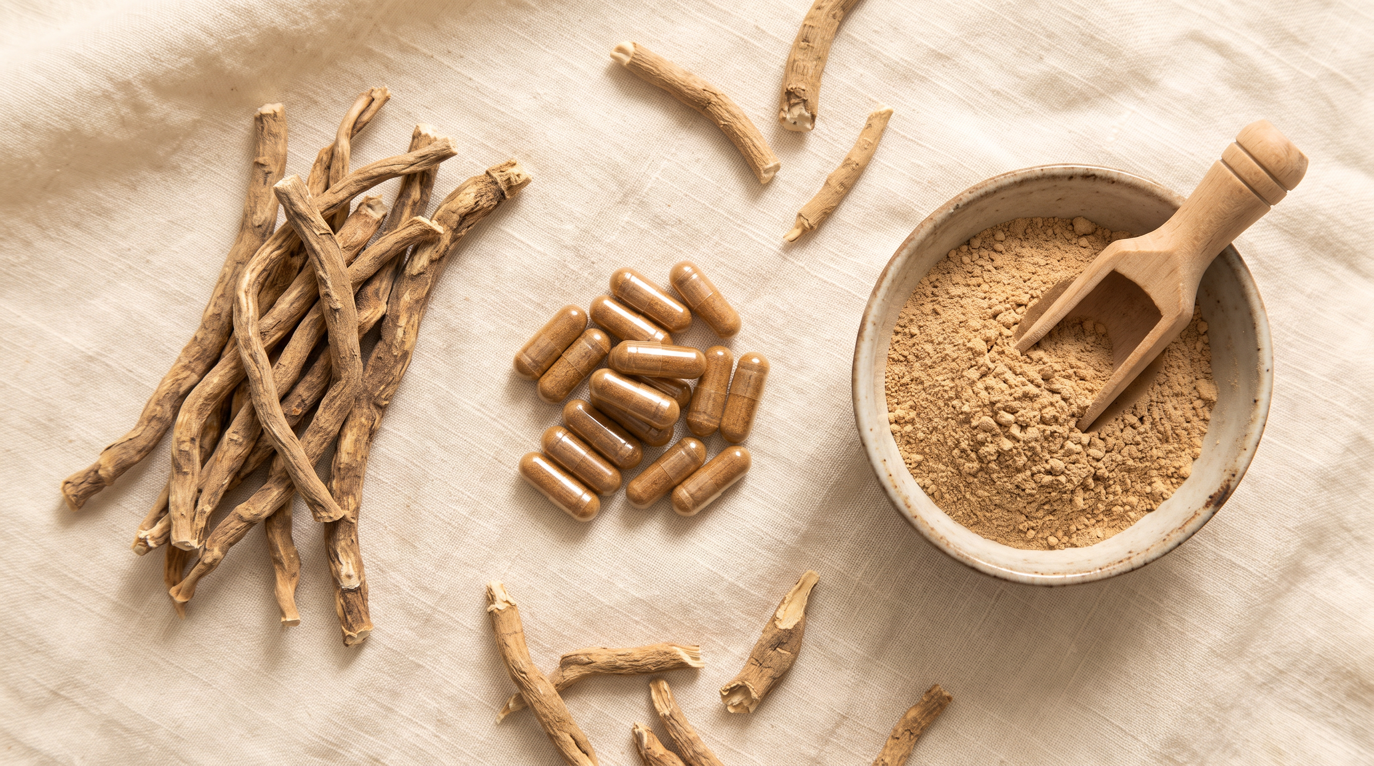 Dried whole ashwagandha roots, amber herbal capsules, and a bowl of ashwagandha root powder on cream linen