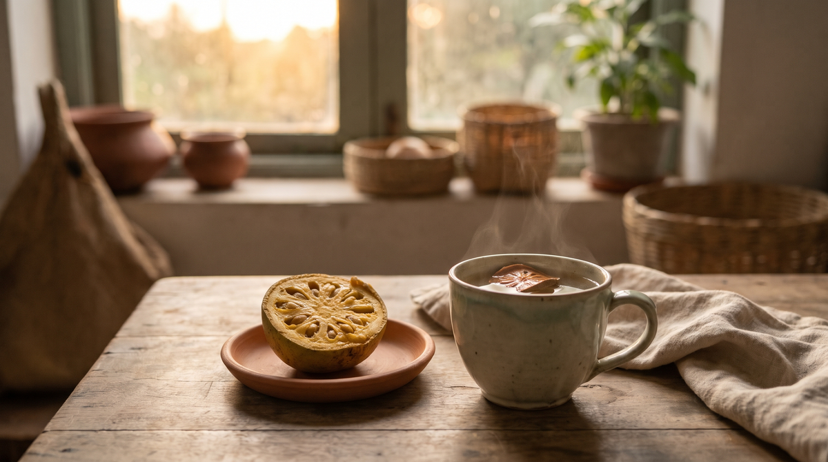 Warm cup of water beside a halved bael fruit on a wooden table in soft evening light
