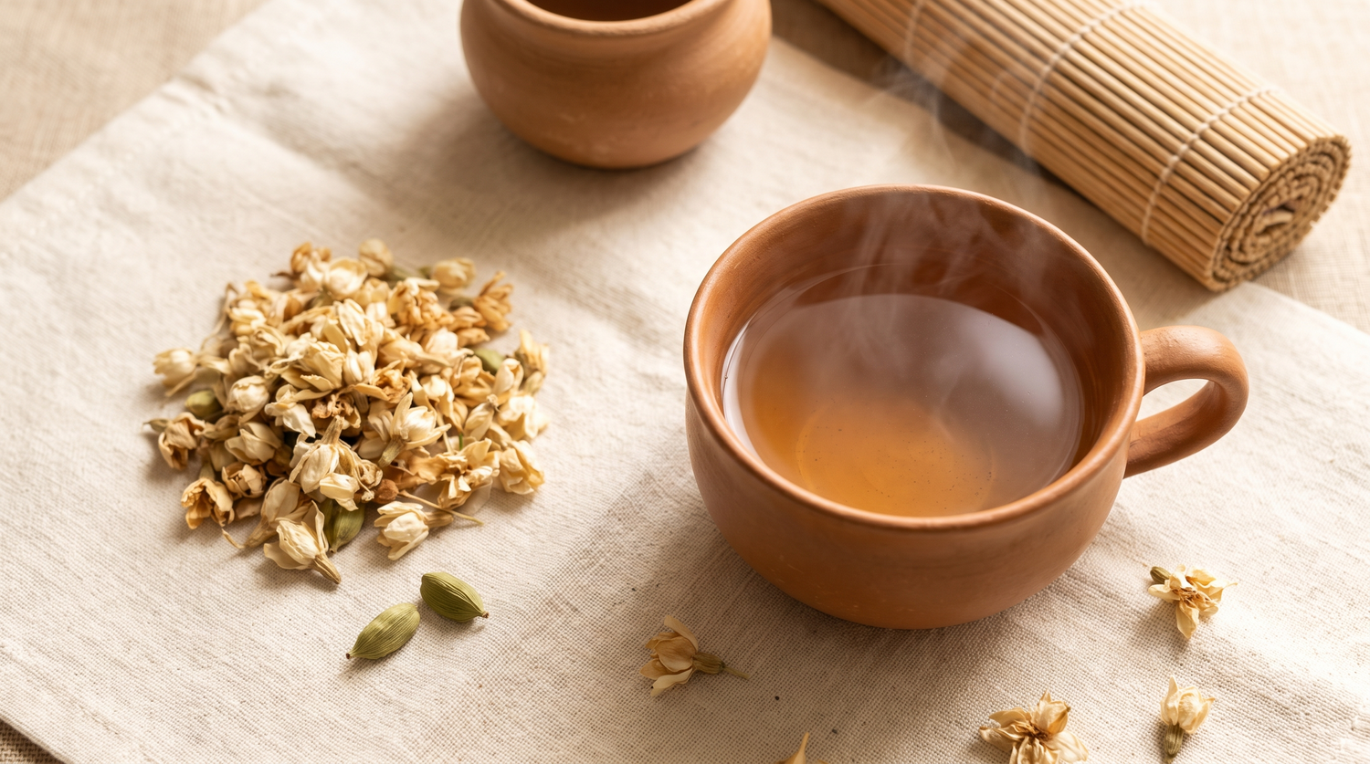 A rustic clay cup of warm amber Beli Mal flower tea with steam rising, beside dried pale bael flowers and green cardamom pods on cream linen