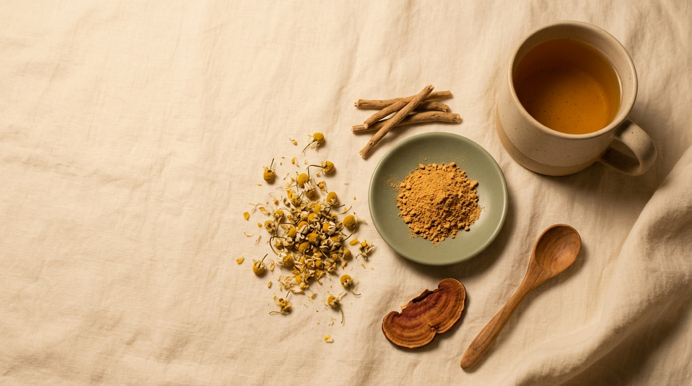 An overhead evening flat-lay with a cup of golden herbal tea, a dish of amber ashwagandha powder, dried roots, chamomile flowers, and a slice of reishi mushroom on cream linen.