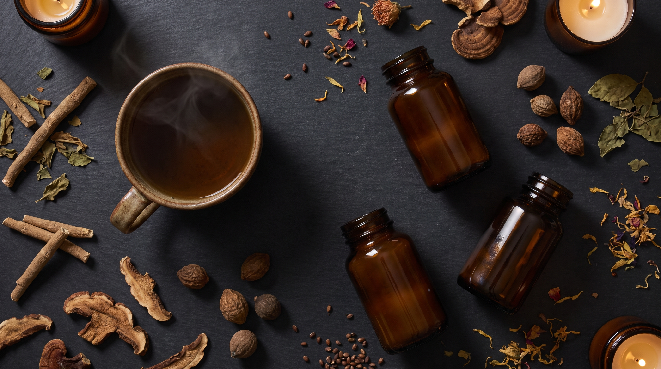 Evening flat-lay of Ayurvedic sleep herbs including dried reishi slices and ashwagandha root with unlabeled amber supplement bottles around a warm mug of herbal tea