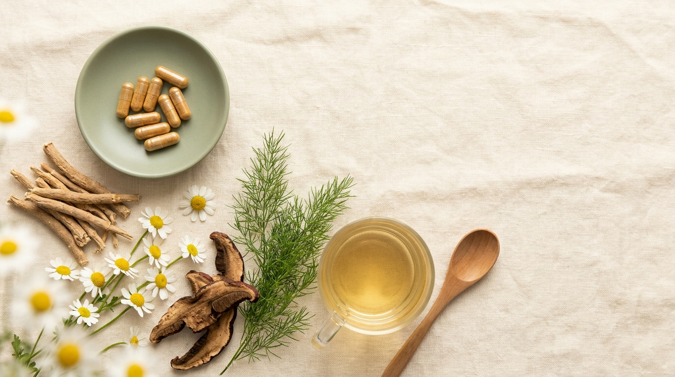 Overhead flat-lay of calming stress herbs: amber capsules in a sage dish, dried ashwagandha roots, chamomile flowers, dried reishi slices, green shatavari fronds, and a glass of herbal tea on cream linen