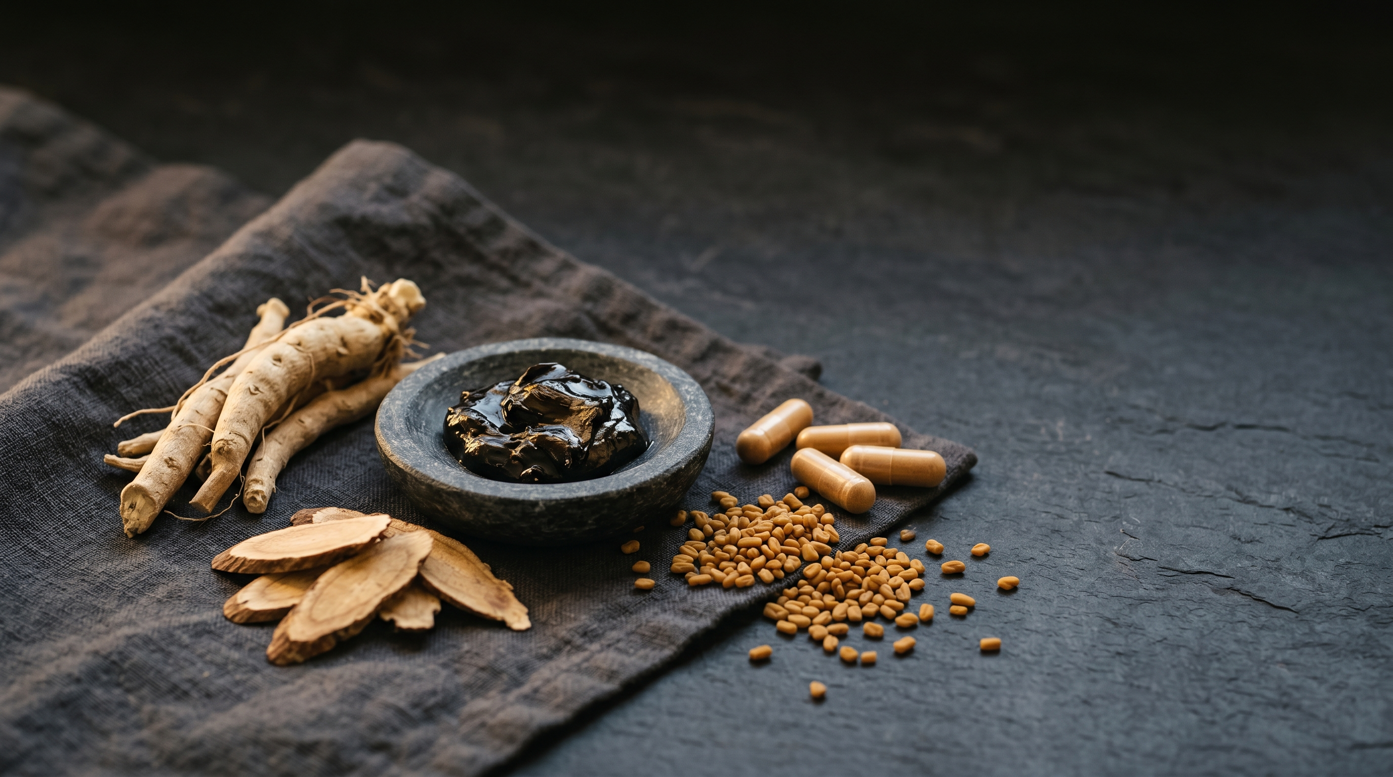 Ashwagandha root, tongkat ali root slices, shilajit resin in a small stone dish, and golden fenugreek seeds with plain capsules on a dark slate surface