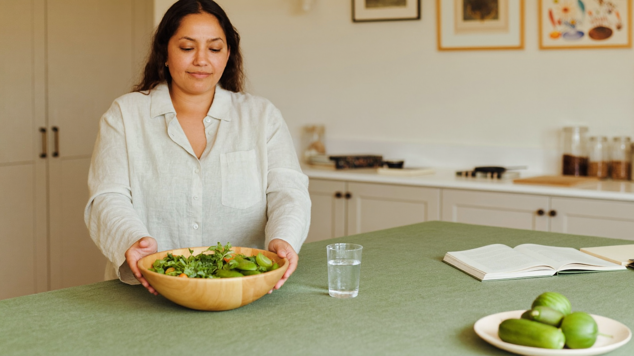 A woman holding a wooden bowl of fresh greens beside a glass of water and a plate of green vegetables on a sunlit kitchen counter.