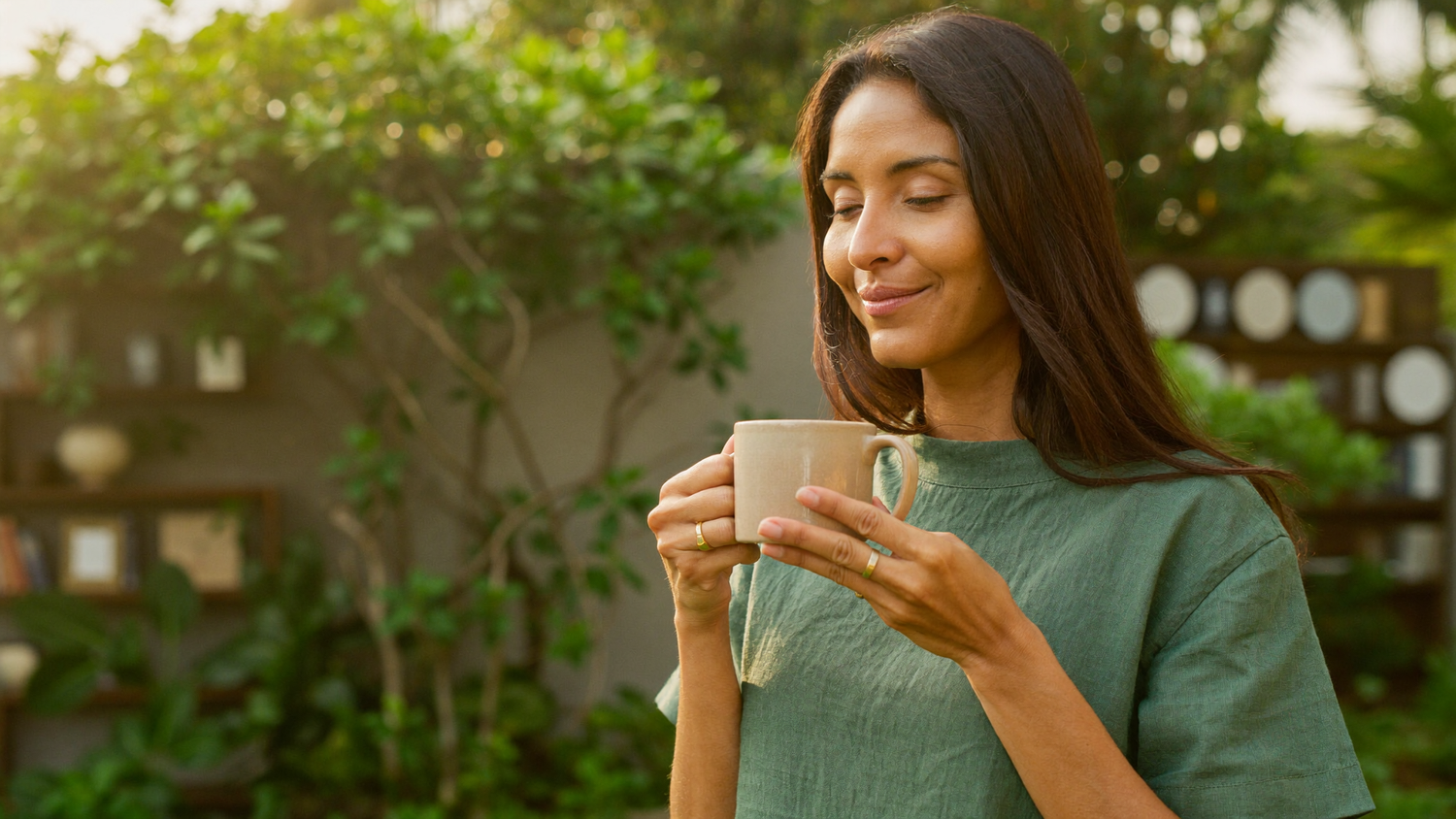 A South Asian woman in her early thirties standing in a sunlit green garden, eyes closed, holding a plain ceramic mug of herbal tea in a calm morning moment.