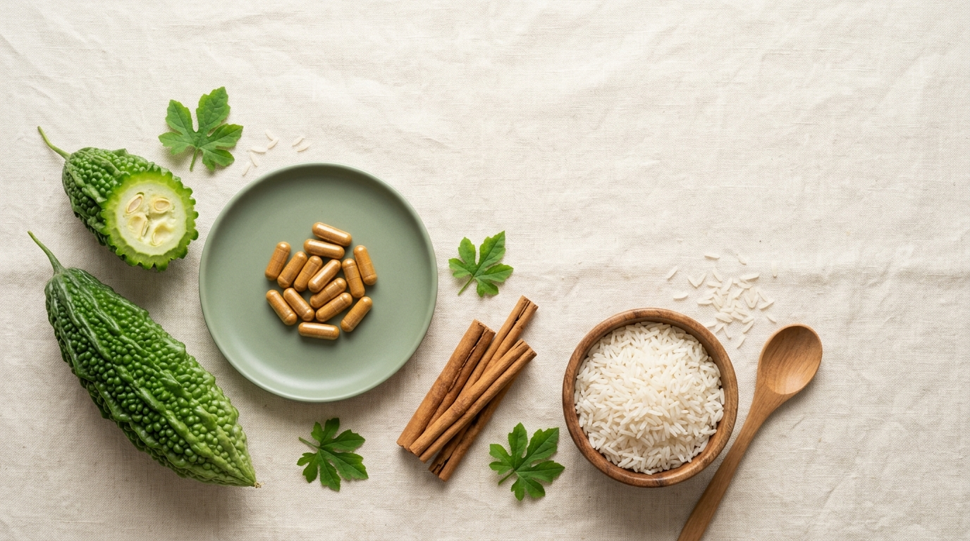 Fresh karavila bitter melon with herbal capsules, Ceylon cinnamon quills, and a bowl of rice on cream linen