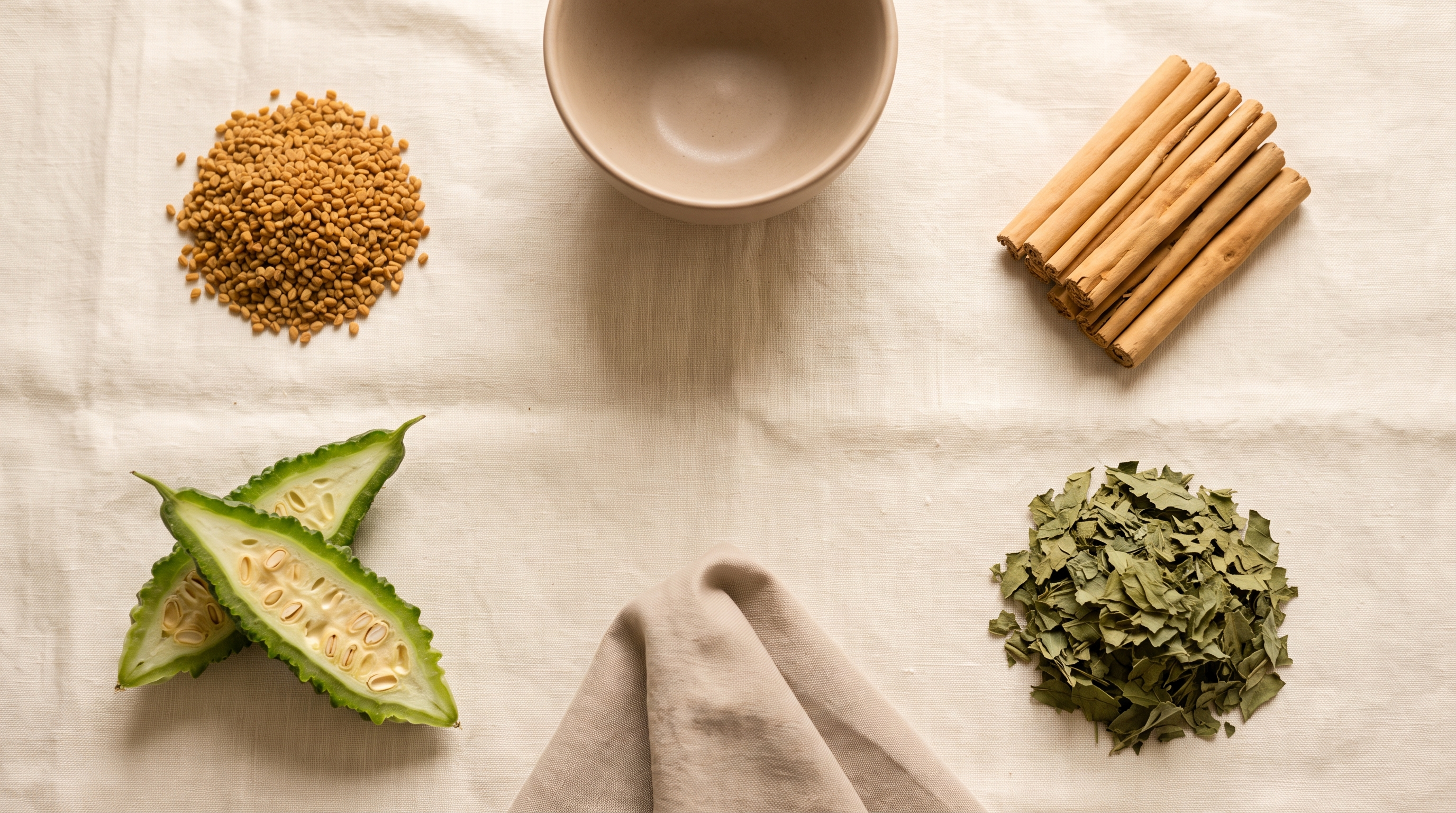 Overhead flat lay of fenugreek seeds, Ceylon cinnamon quills, a halved bitter gourd and dried green leaves on cream linen