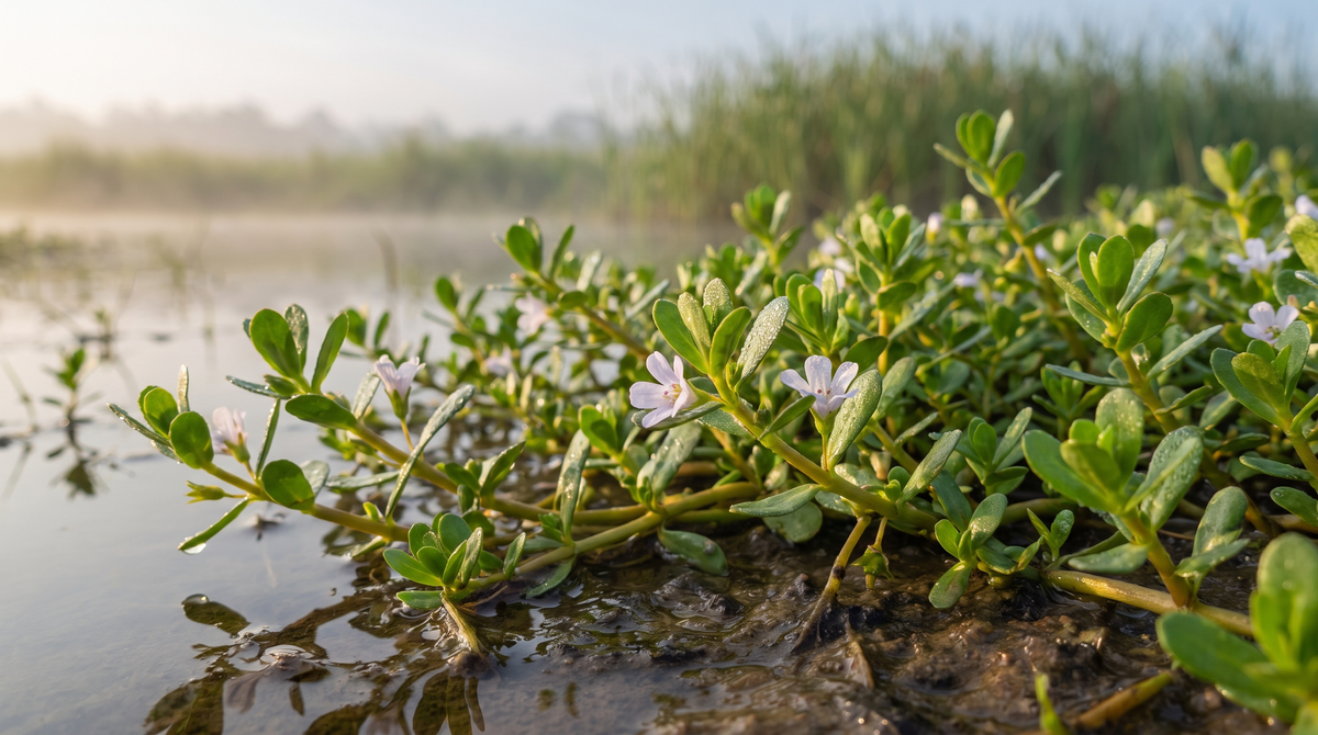 Brahmi (Bacopa monnieri, Lunuvila) plants with small fleshy leaves and pale flowers growing in shallow wetland water at dawn