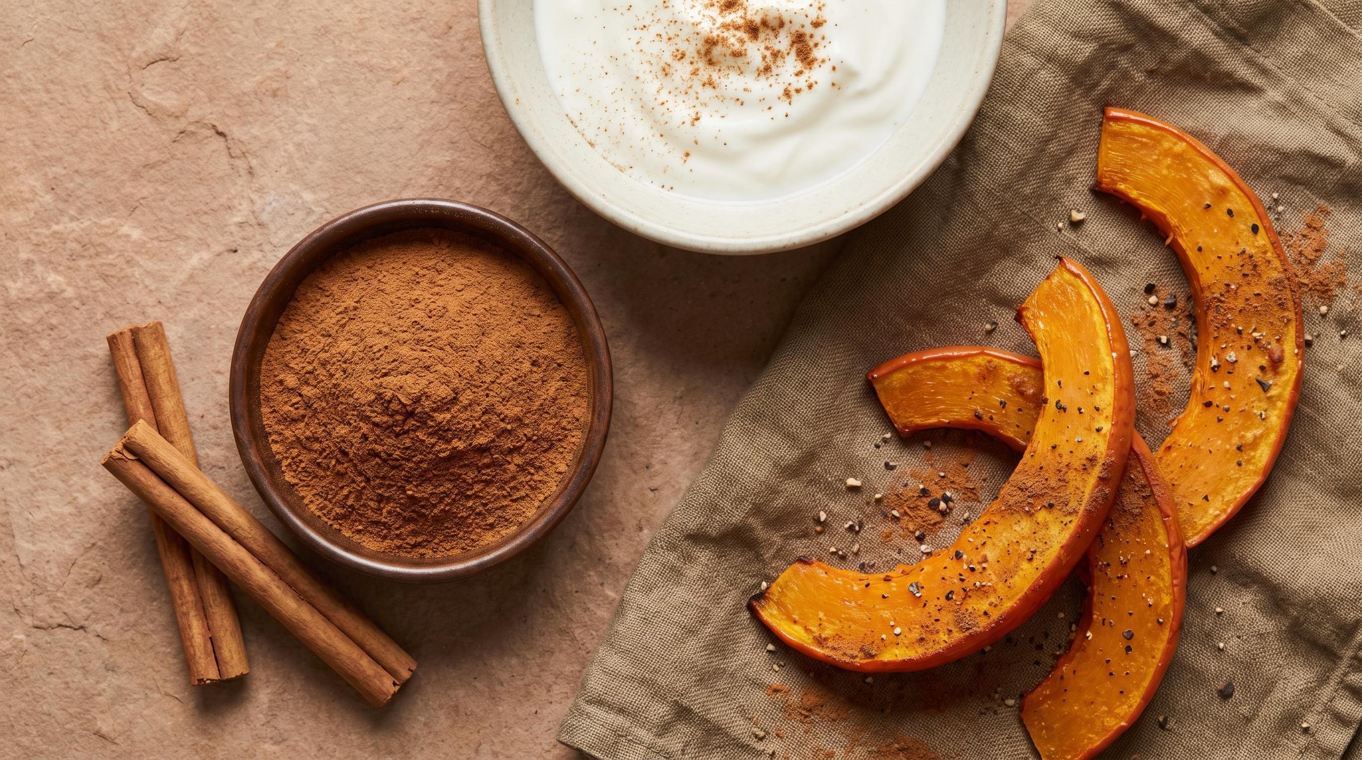 Overhead flat lay of ground Ceylon cinnamon in a dark bowl with cinnamon quills, a bowl of plain yoghurt dusted with cinnamon, and roasted pumpkin wedges with cinnamon and cracked pepper