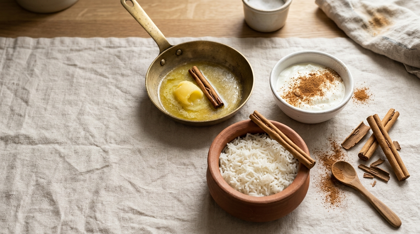 Overhead kitchen flat lay showing three Ceylon cinnamon preparations, a brass pan of ghee with a cinnamon quill, a bowl of curd dusted with cinnamon powder, and a clay pot of rice with a cinnamon quill resting on the rim.