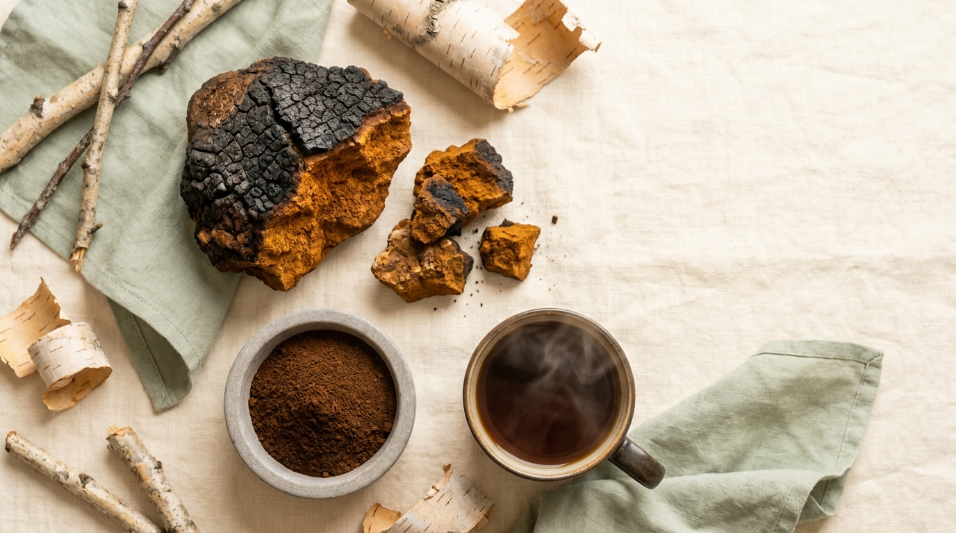 Whole raw chaga mushroom with a cracked black crust and rusty amber interior, broken chaga chunks, and dark chaga powder in a stone bowl beside a mug of chaga tea and pale birch bark on a cream linen surface.