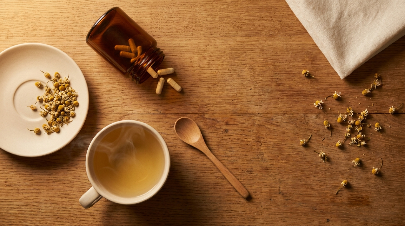 Editorial overhead flat-lay: cream ceramic cup of pale golden chamomile tea with steam, saucer of dried chamomile flowers, amber apothecary jar of capsules, wooden spoon, linen napkin on warm oak counter.
