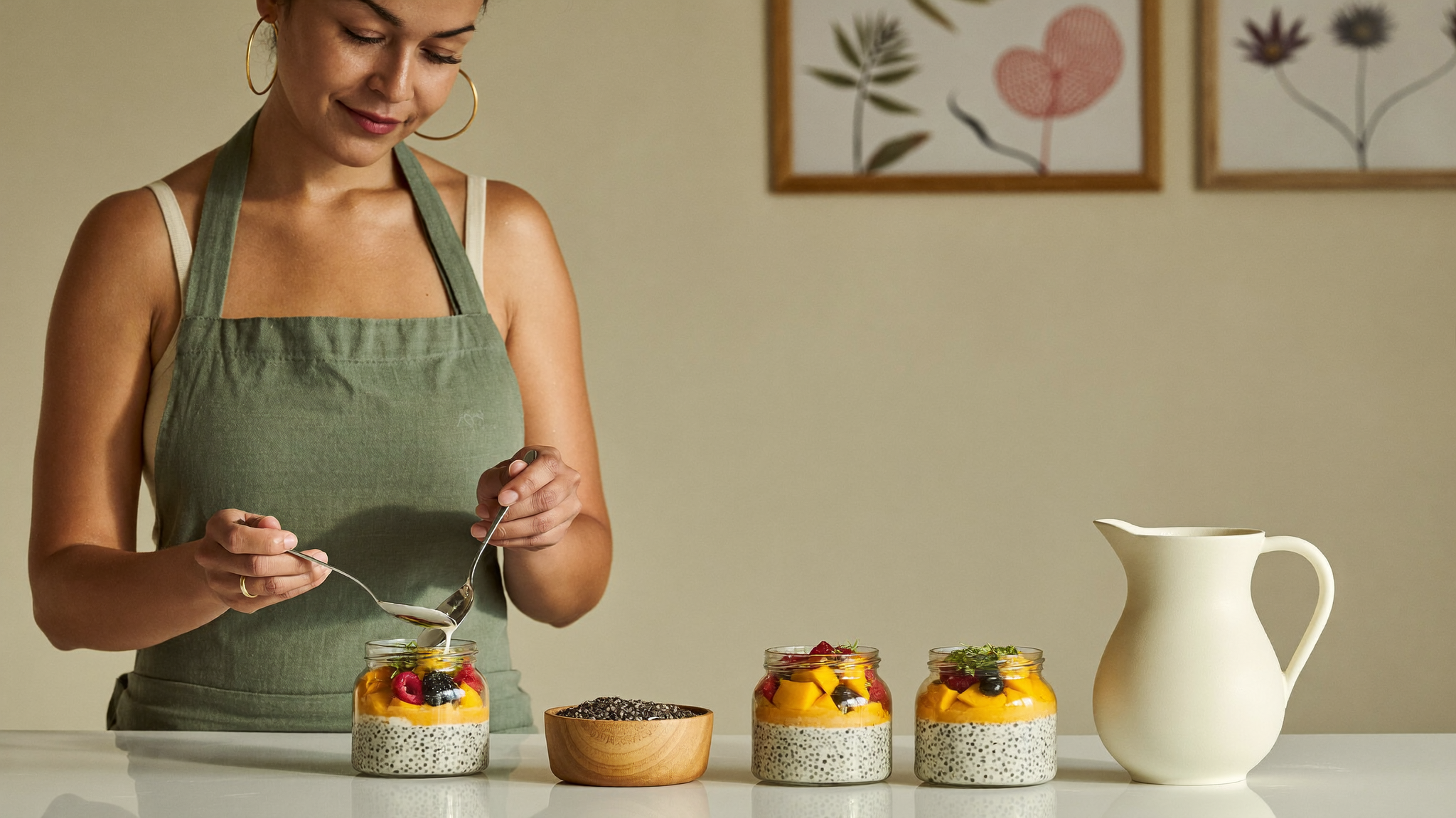 A woman in a sage green apron spooning chia pudding into three glass jars topped with mango and berries at a sunlit kitchen counter.
