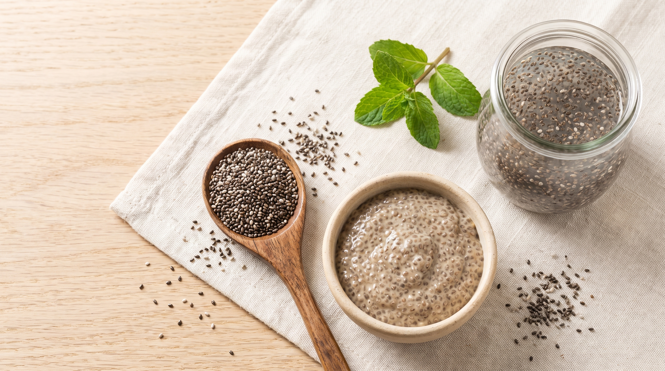 A wooden spoon of dry black and white chia seeds beside a bowl of chia pudding and a glass jar of chia seeds soaked in water, on cream linen