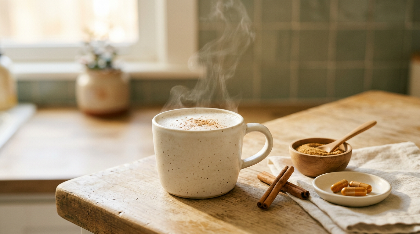 A warm mug of cinnamon-coconut milk drink with rolled Ceylon cinnamon quills and a small bowl of coconut sugar on a wooden counter
