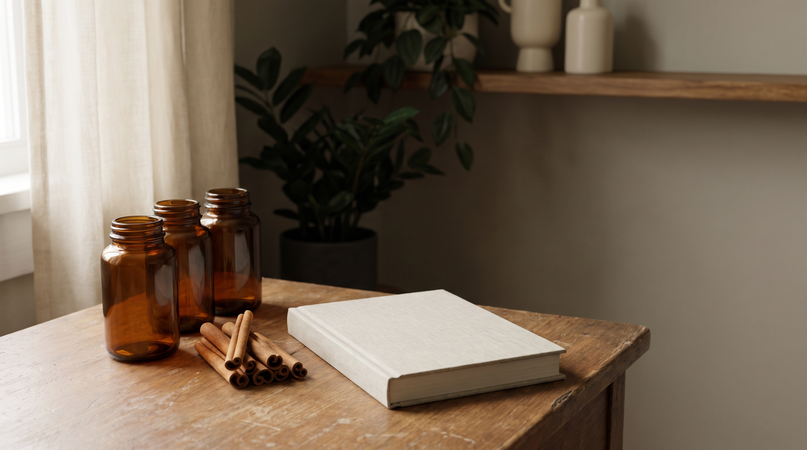 Three unlabelled amber glass supplement bottles, a small pile of Ceylon cinnamon quills and a closed blank notebook on a wooden desk in soft morning light