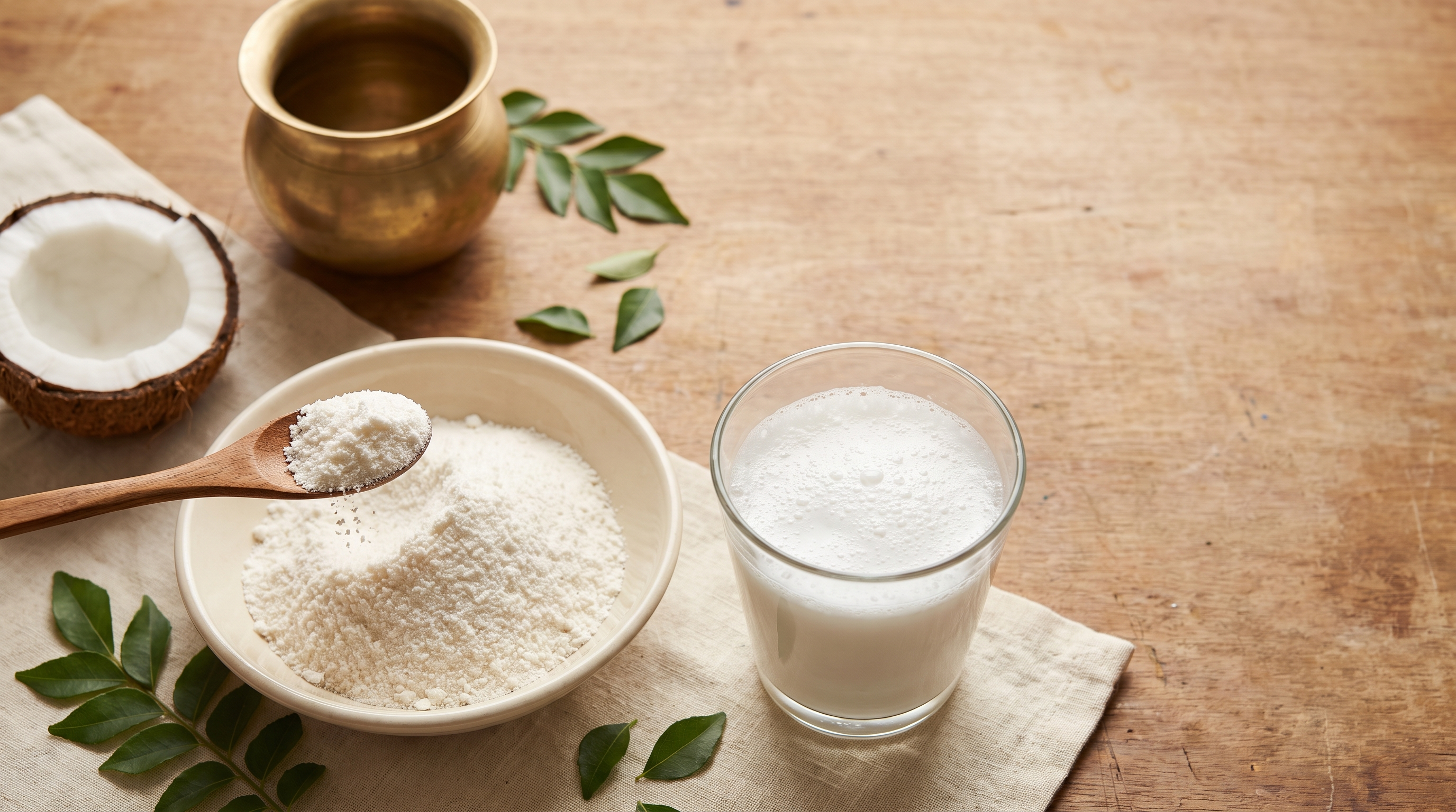 A bowl of coconut milk powder with a wooden spoon beside a glass of freshly whisked coconut milk, a halved coconut and curry leaves on a wooden kitchen counter