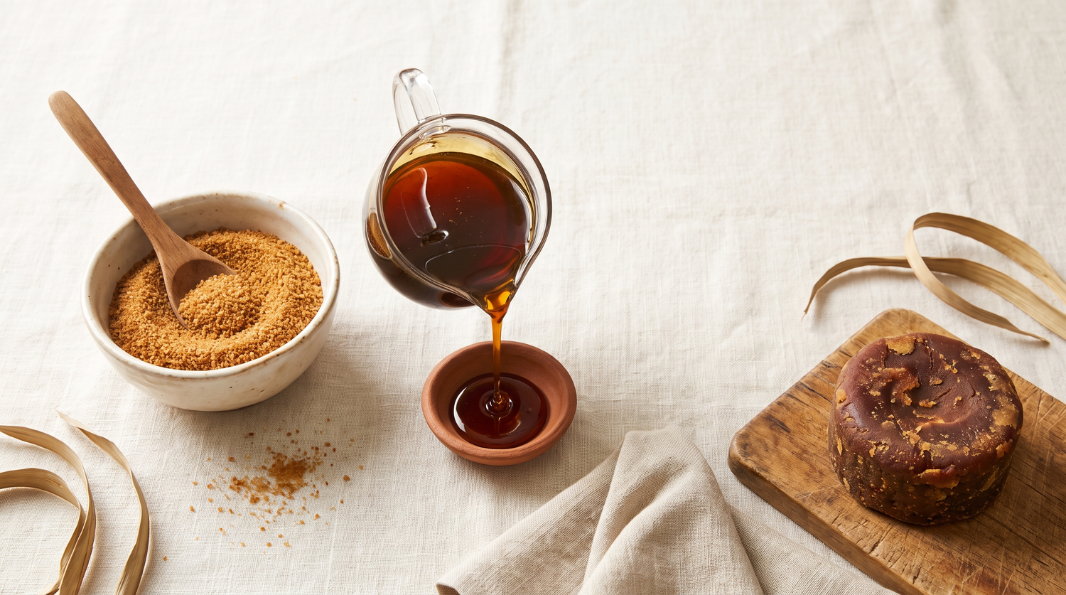 A ceramic bowl of granulated coconut sugar with a wooden spoon, dark amber palm treacle pouring from a plain glass jug into a clay dish, and a round block of palm jaggery on a wooden board, arranged on cream linen
