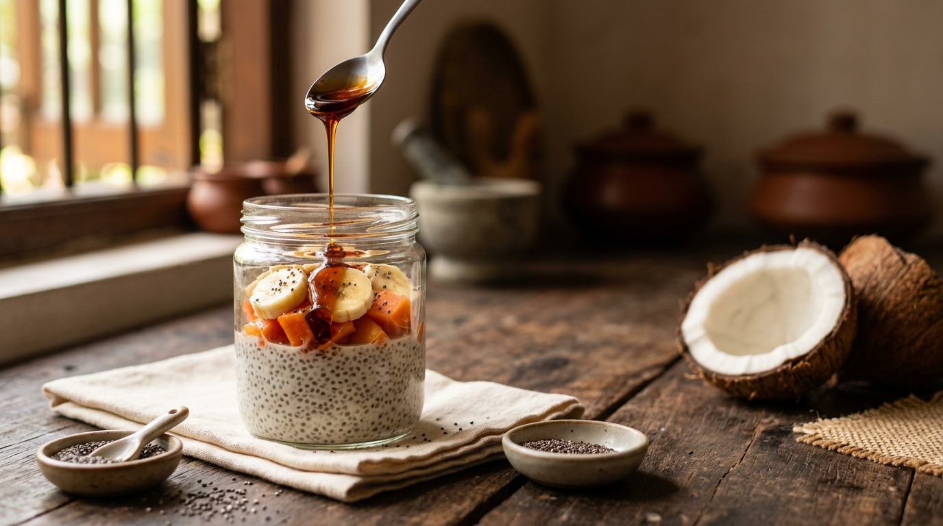 A clear glass jar of coconut chia pudding topped with banana and papaya, with dark coconut treacle drizzling from a spoon in a rustic Sri Lankan kitchen.