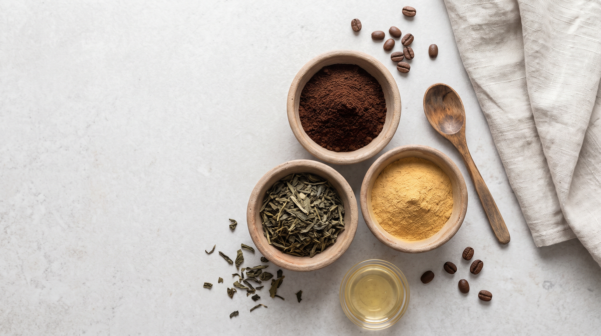 Overhead flat-lay of ground coffee, loose green tea leaves and a golden wood powder in clay bowls beside a wooden spoon and a small dish of honey