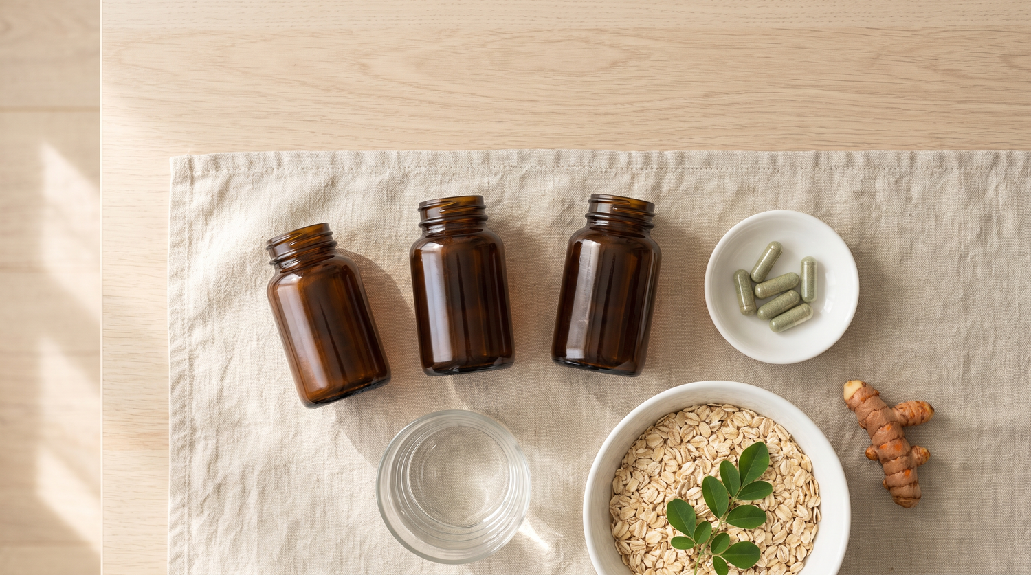Overhead flat lay of three plain amber supplement bottles, green capsules in a white dish, a glass of water, a bowl of oats with a moringa leaf sprig and fresh turmeric root on natural linen