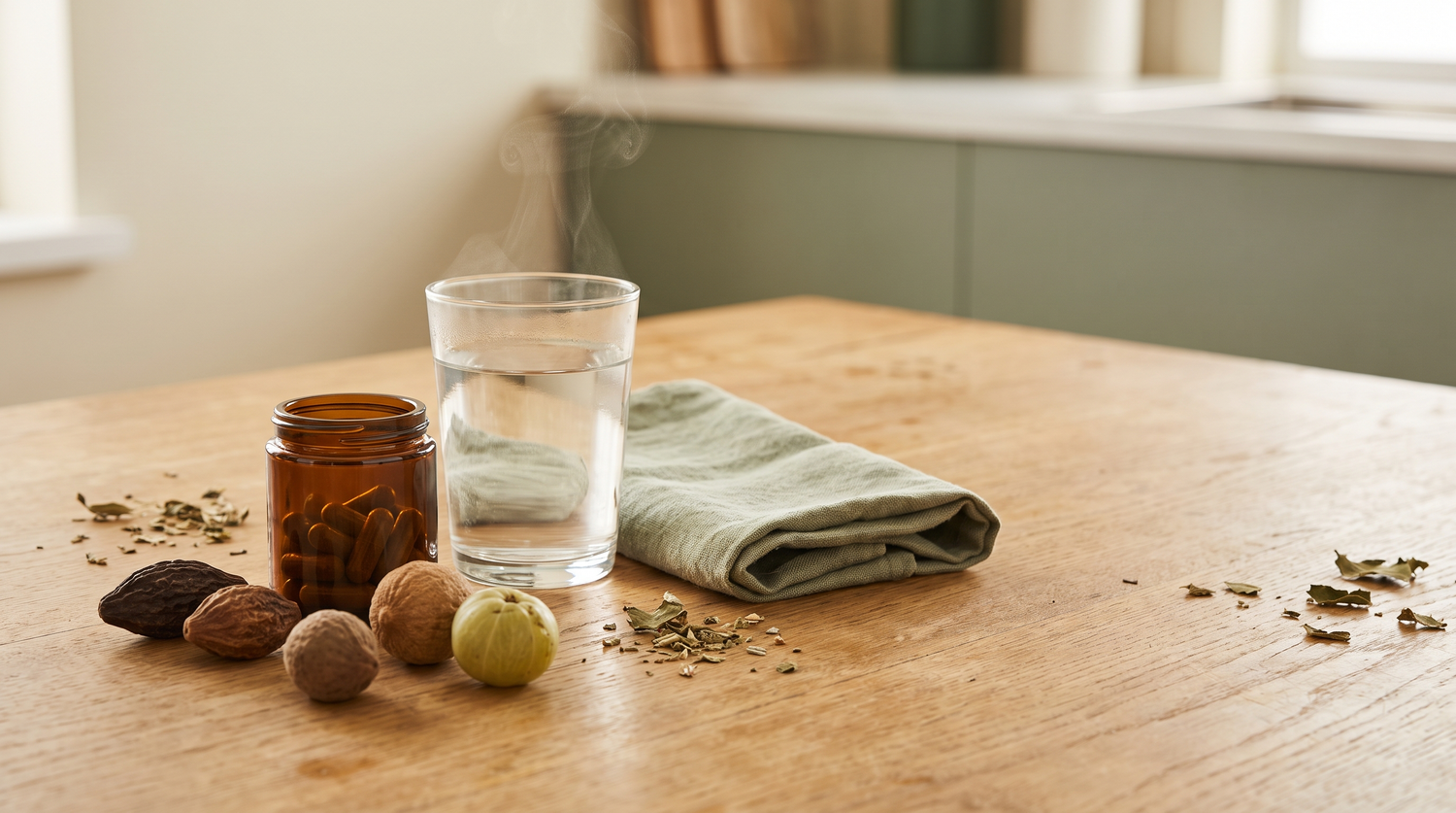 An unlabelled amber jar of Ayurvedic capsules beside dried haritaki, bibhitaki and amla fruits, a glass of warm water and a linen cloth on a wooden kitchen table in morning light