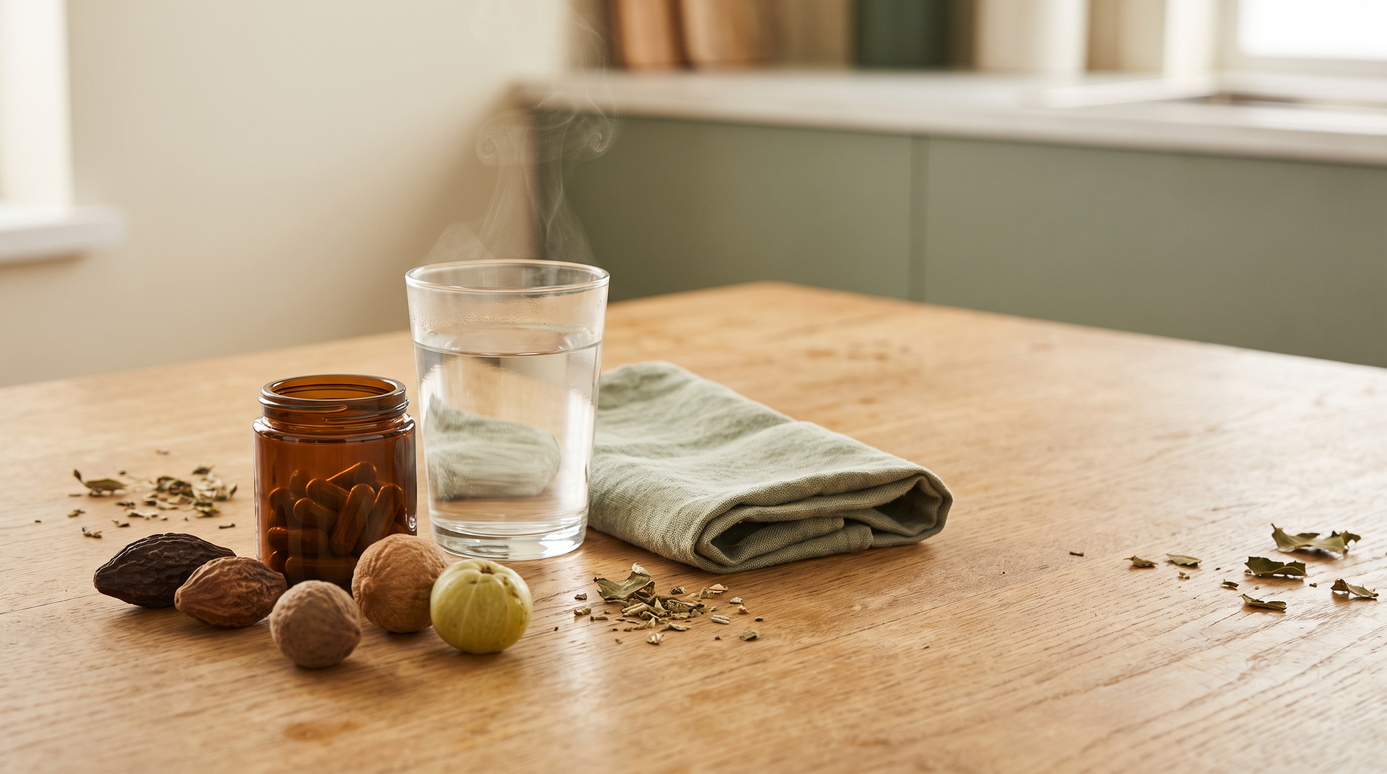 An unlabelled amber jar of Ayurvedic capsules beside dried haritaki, bibhitaki and amla fruits, a glass of warm water and a linen cloth on a wooden kitchen table in morning light