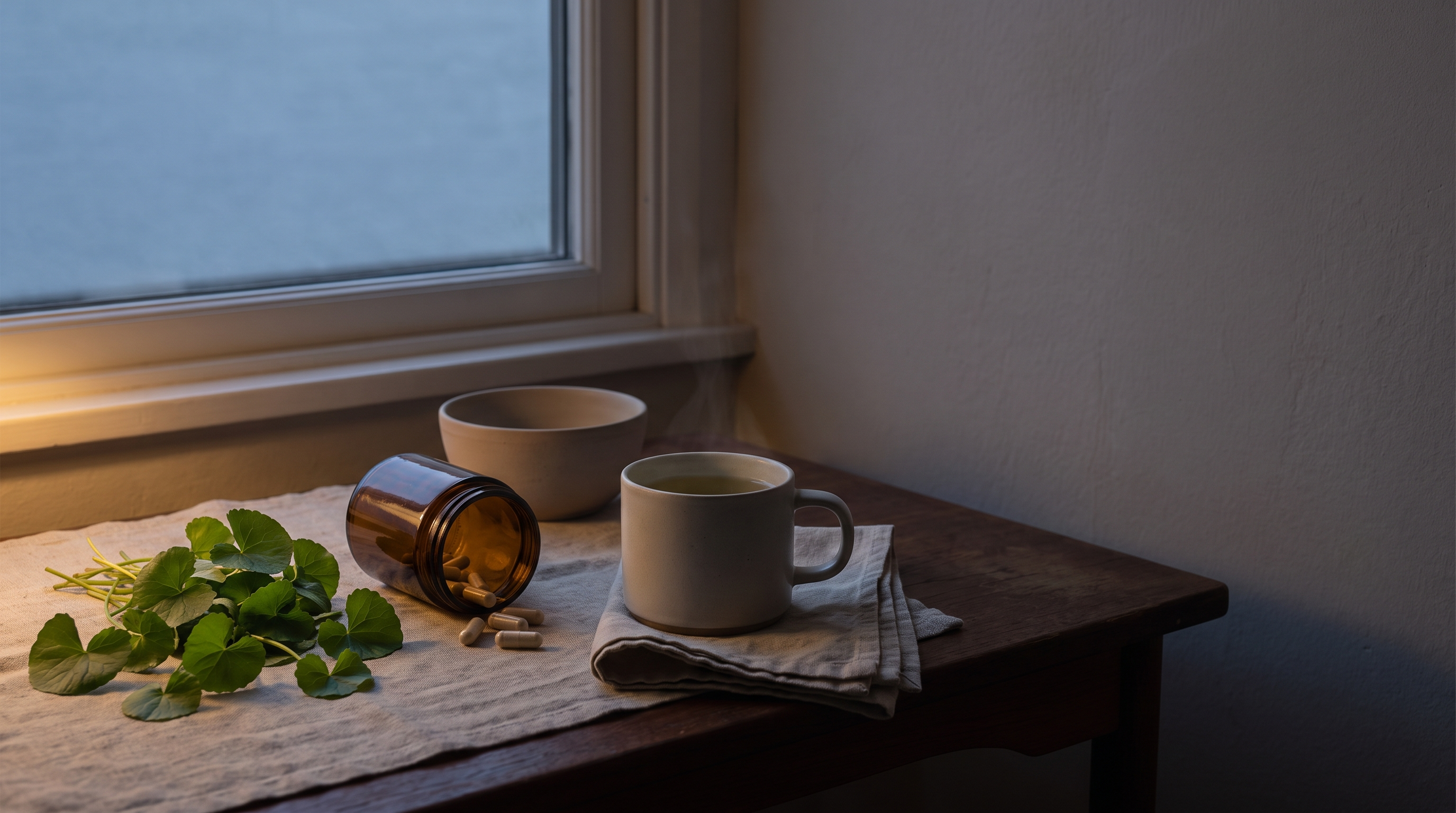Fresh gotukola leaves, an unlabelled amber jar of capsules and a plain mug of herbal infusion on a linen cloth beside a window at dusk
