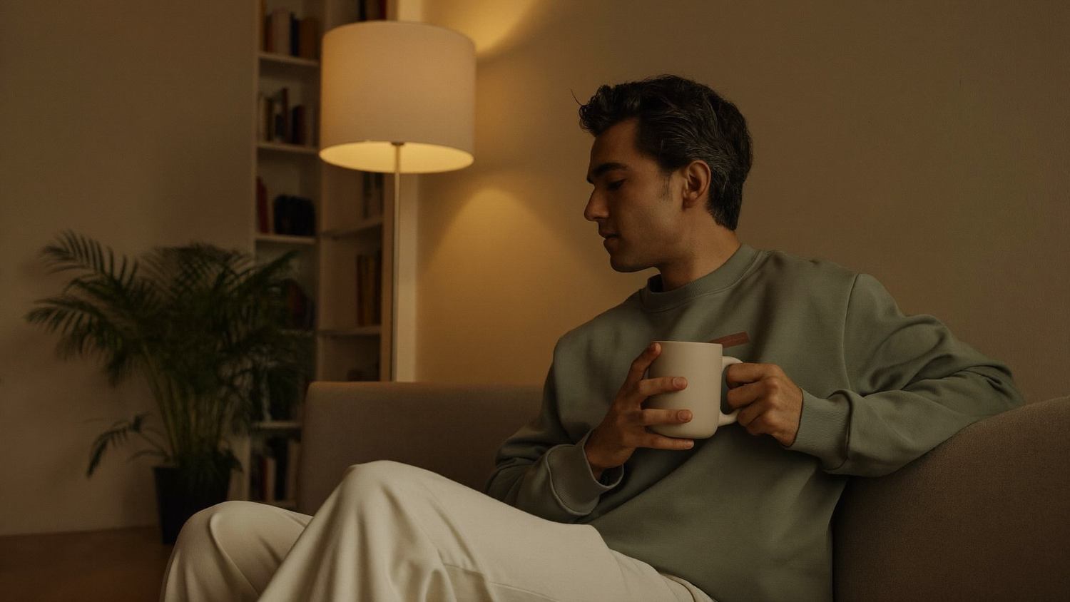 A South Asian man in his forties sitting on a sofa in a dimly lit living room in the evening, holding a plain mug of herbal tea while winding down.