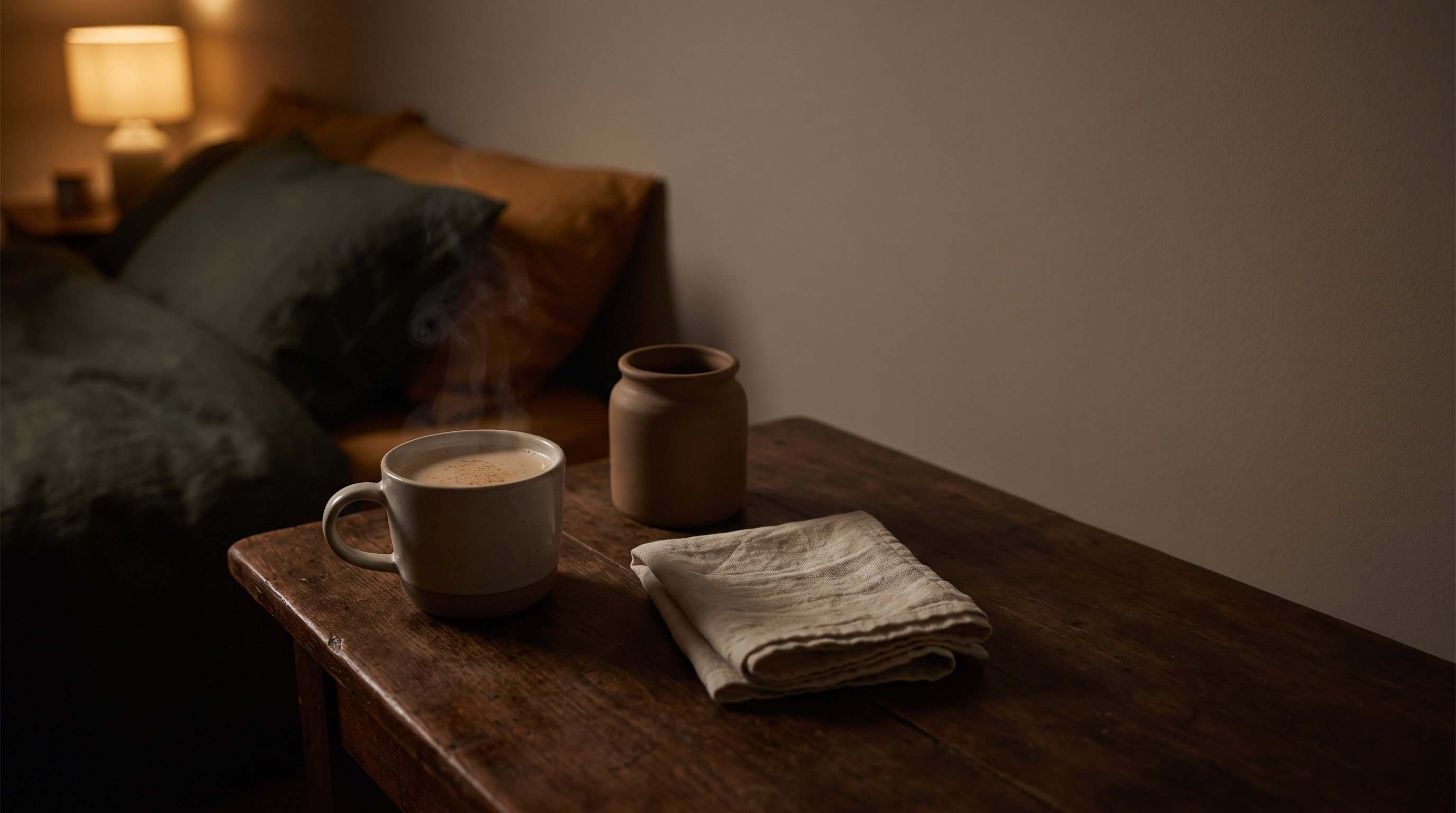 A warm mug of spiced milk and a plain ceramic jar on a wooden bedside table in soft lamplight