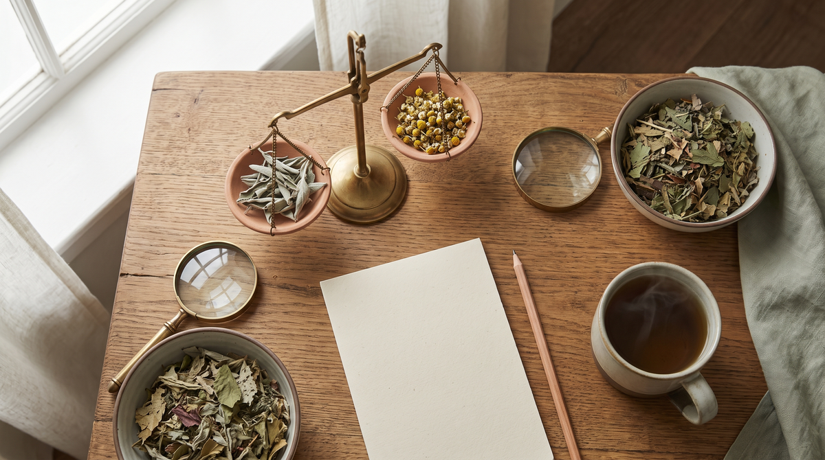 Overhead view of a brass balance scale holding dried herbs beside a magnifying glass, a blank notepad, a pencil and a cup of tea on an oak table