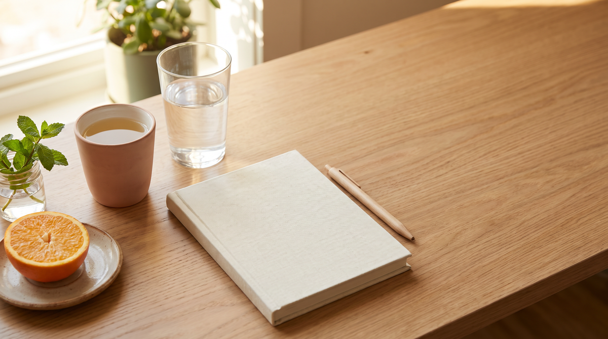 Tidy wooden desk in afternoon light with a cup of herbal tea, a glass of water, a blank notebook and half an orange
